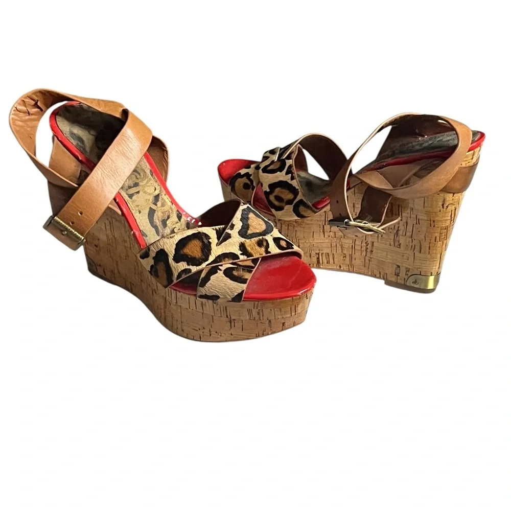 Sam Edelman Leopard Print Cork Wedge Sandals Size 8.5, 4” Heel